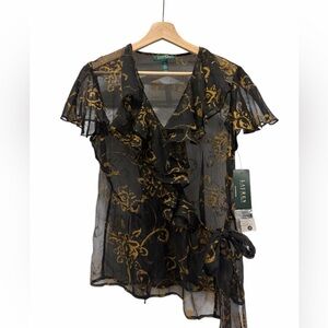 Lauren Ralph Lauren Black Sheer Ruffle Wrap Blouse with Gold Floral Print